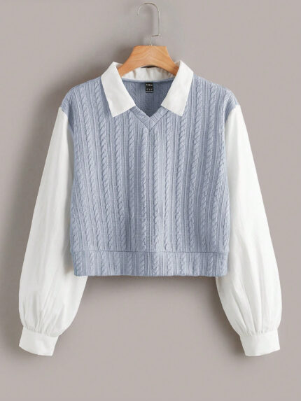 SHEIN EZwear بلوزة كيبل محبوكة من 2 في 1 بياقة تباين مرقعة محكمة الغرز